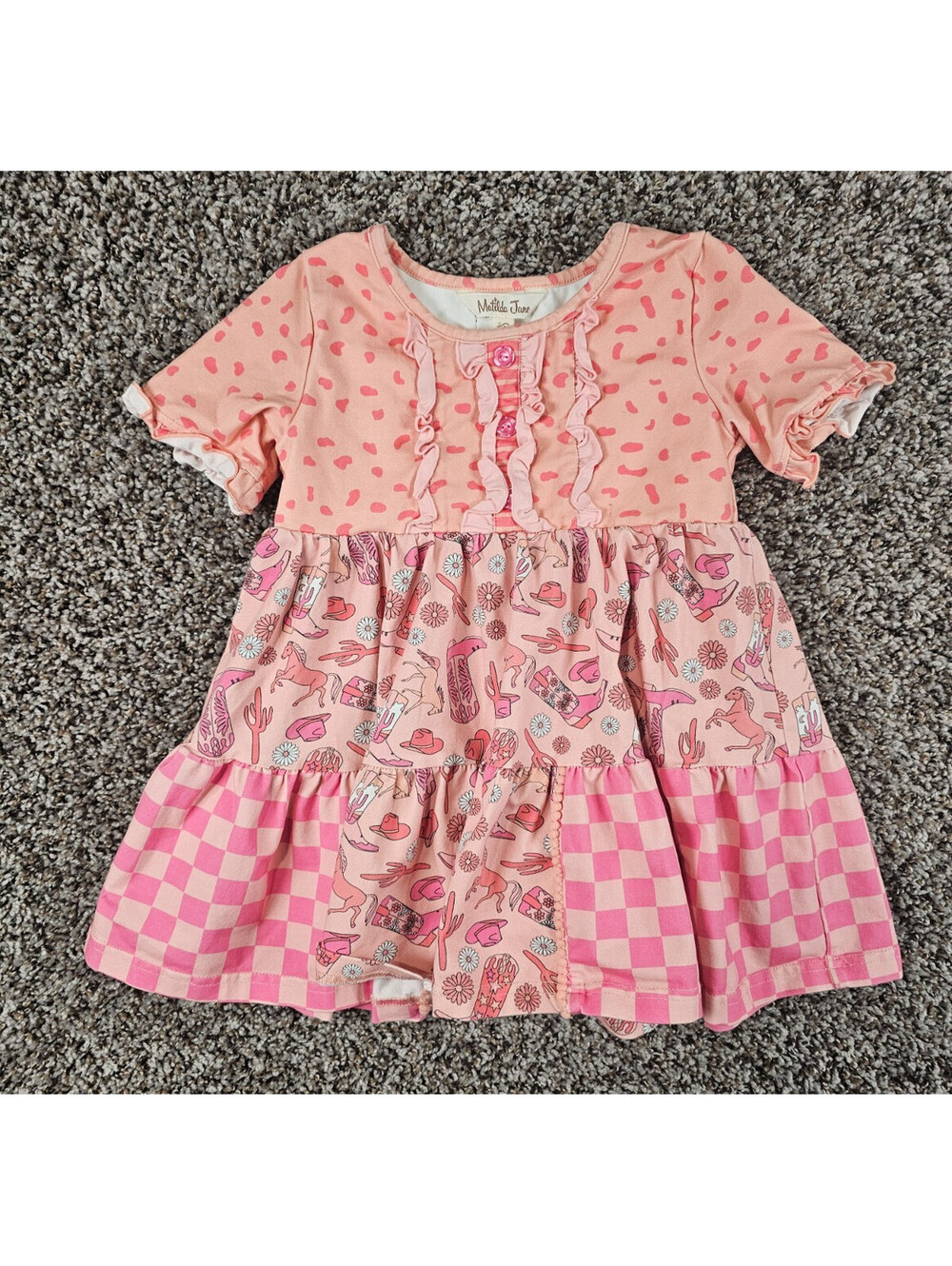 Matilda Jane Girls Sz 6 Short Sleeve Tunic Top Pink Cowboy Western Theme